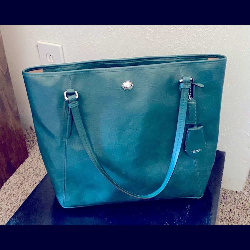 Teal leather coach tote.